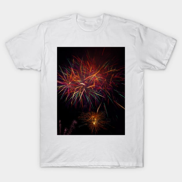 Colorful Fireworks Blasting In The Dark Sky T-Shirt by photogarry